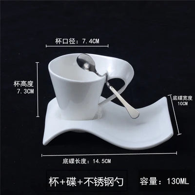European Wave Porcelain Coffee Cup and Saucer Set White Ceramic Coffee Cup Breakfast Cup with Saucer Modern Home Decoration