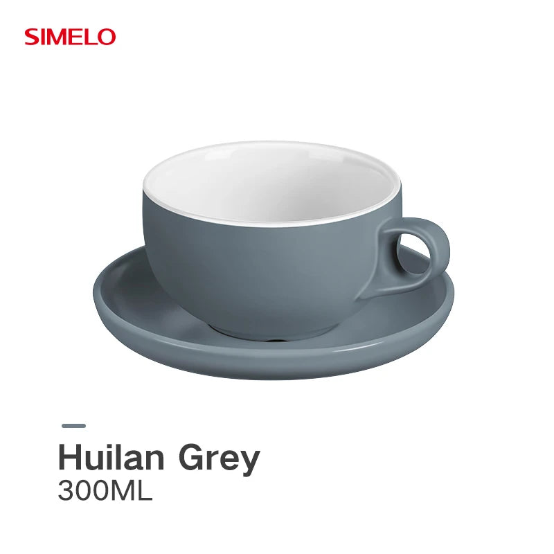 SIMELO 300ml Ceramic Coffee Cup with Saucer Set Professional Barista Latte Mug Featuring Handle for Enhanced Grip
