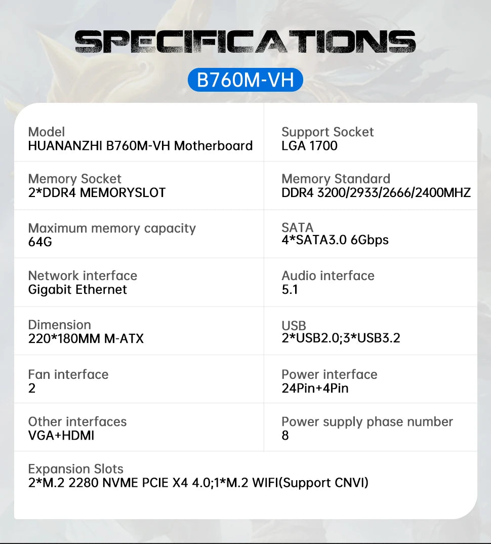 HUANANZHI B760M VH A M-ATX DDR4 Motherboard Support 12 13 Gen B760 Intel LGA 1700 CPU 12100F 12400F 12490F 12600F 12700F 13600F