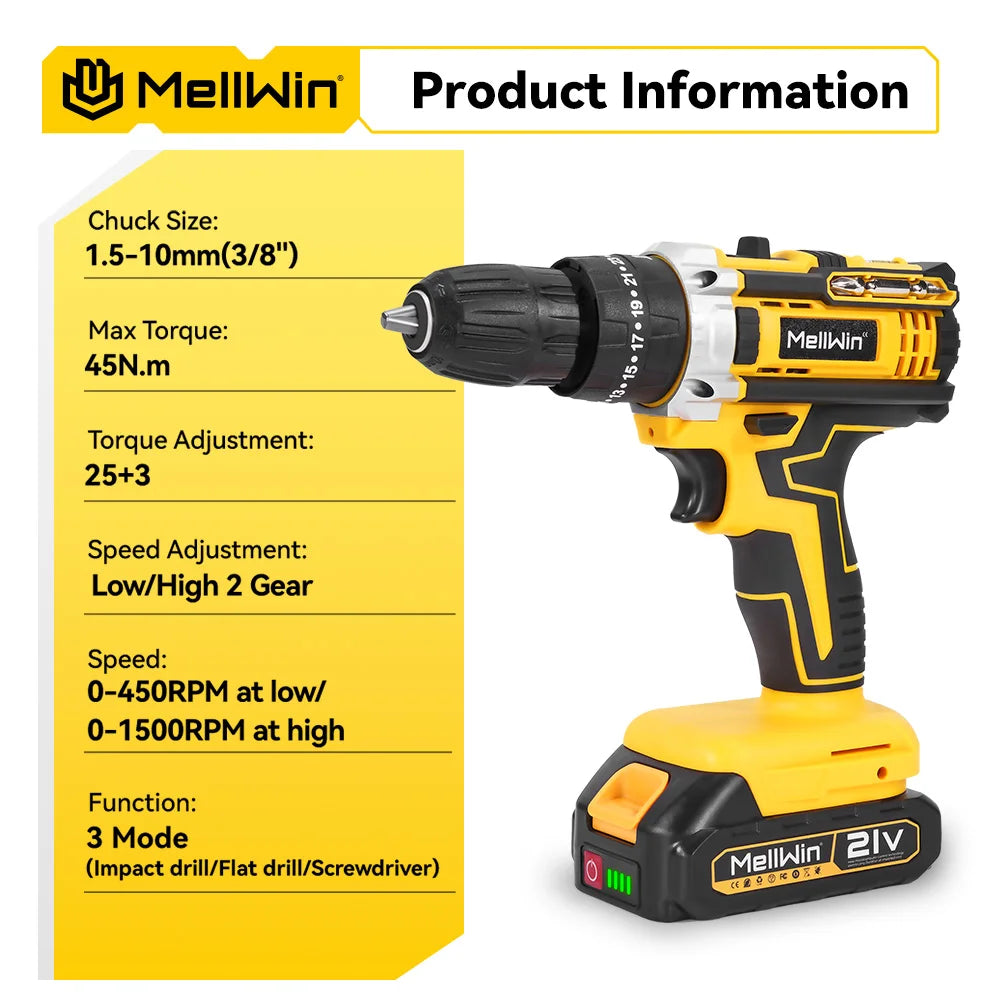 MELLWIN 25+3 Torque Electric Impact Drill 2 Speed Adjustable Cordless Electric Screwdriver Power Tool For Makita 18V Battery Pin