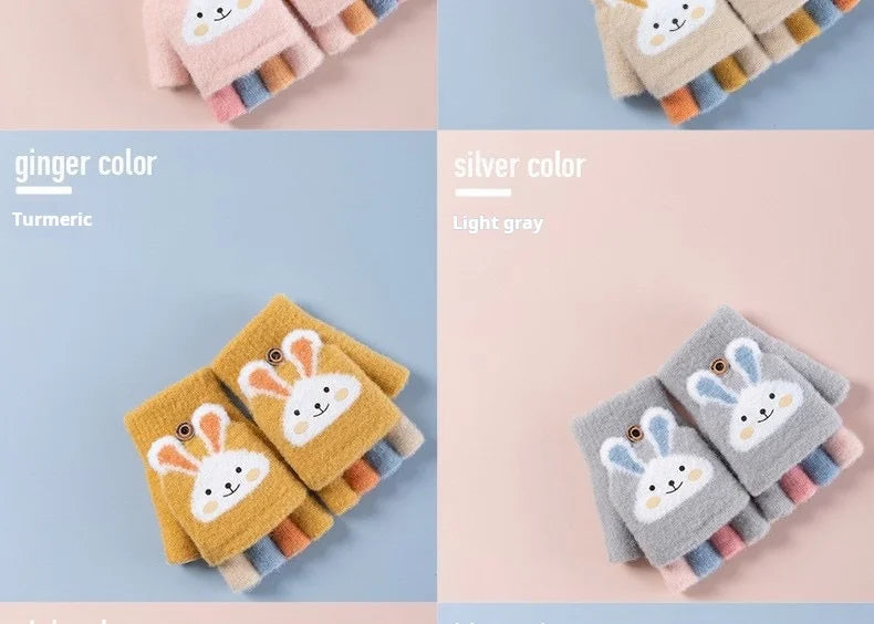 4-11 year old cartoon bunny five finger children's gloves winter thick half finger flip knitted gloves winter new warm gloves