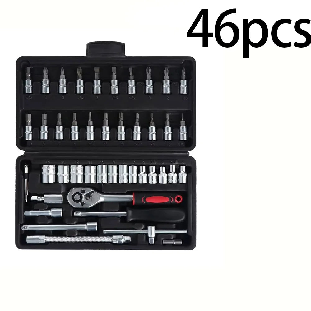 46pcs/Set Socket Wrench Diy Repair Tool Kit Ratchet Screwdriver for Car Repair Hardware Toolbox for Auto Repairing and Household