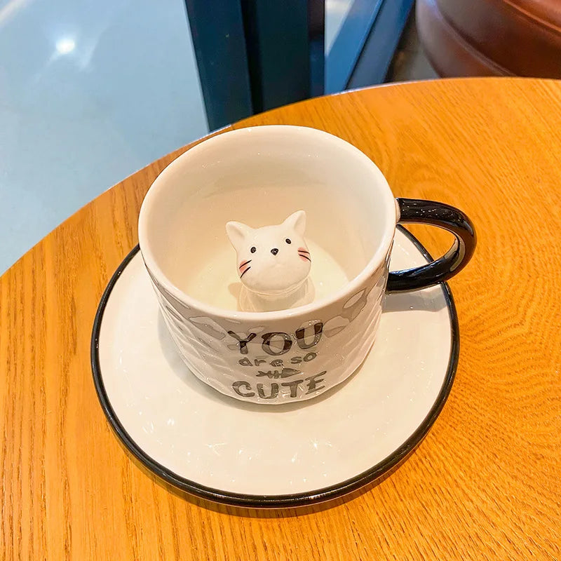 Creative Cartoon Relief Ceramic Cup Animal Inside Mug Kitty Cat Coffee Cup Milk Coffee Mug with Tray