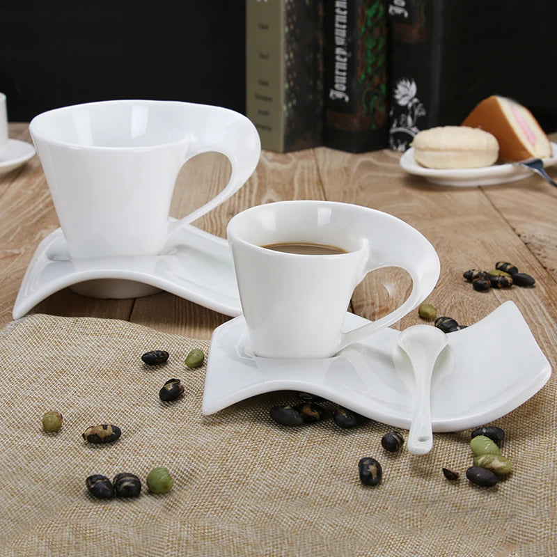 European Wave Porcelain Coffee Cup and Saucer Set White Ceramic Coffee Cup Breakfast Cup with Saucer Modern Home Decoration