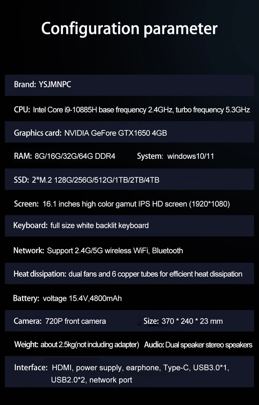 YSJMNPC Gaming Laptop Computer Intel Core i9-10885H i7 10870H GTX1650 4G 16.1 Inch IPS Screen RAM Max 64GB 2*DDR4 2*M.2 NVMe