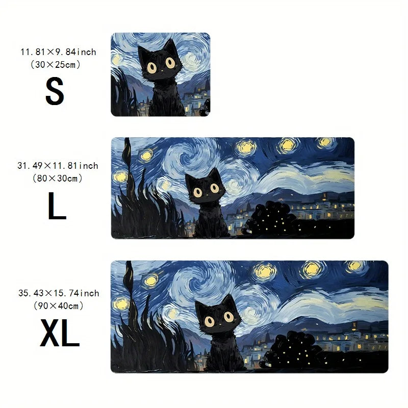 Starry Night mouse pad with cute black cat, study and office use, office accessories, rectangular workstation pad - durable, wat