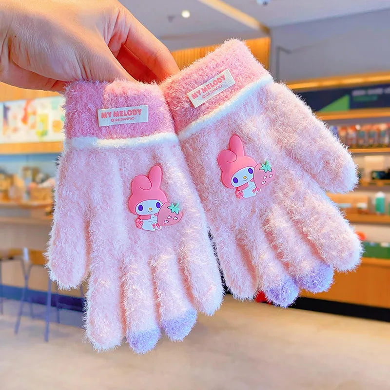 Sanrio Gloves Kawaii My Melody Kuromi Cold-Proof Winter Finger Gloves Plush Screen Touch Warm Children Toddler Christmas Gifts