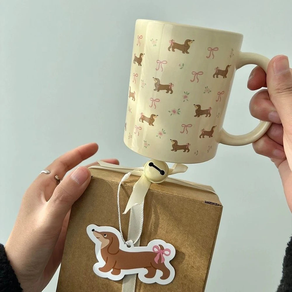 340ml Korean Style Cute Dachshund Pattern Ceramic Mug With Handle Coffee Cup Oatmeal Breakfast Mug Kitchen Drinkware