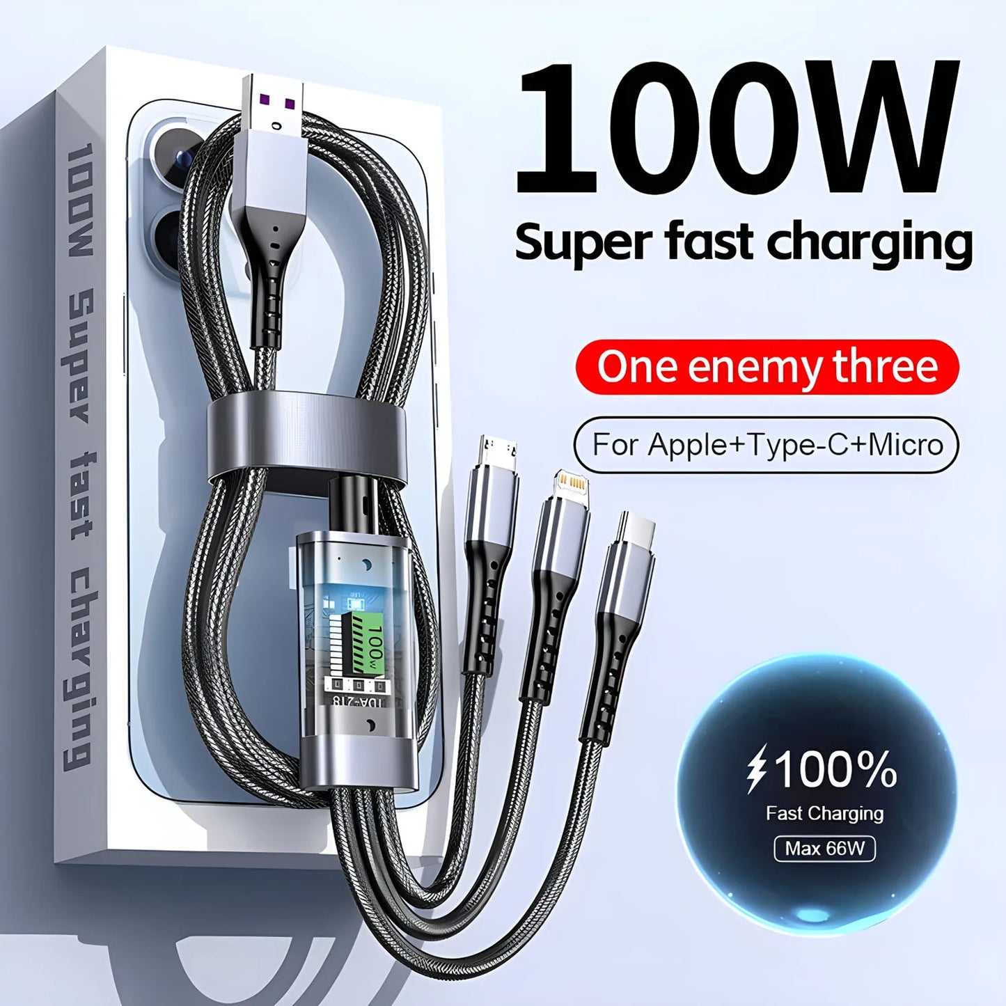 Transparent LED Light Fast Charge 100w 3 In 1 Data Cable Mobile Phone Charging 1.2M Cable For Type-c Android
