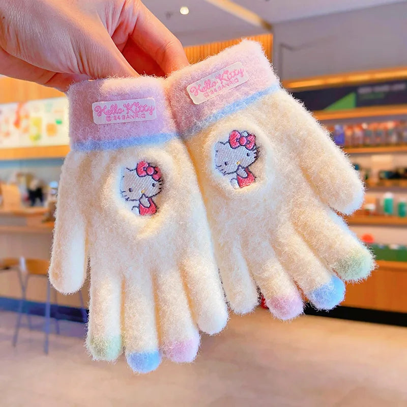 Sanrio Gloves Kawaii My Melody Kuromi Cold-Proof Winter Finger Gloves Plush Screen Touch Warm Children Toddler Christmas Gifts