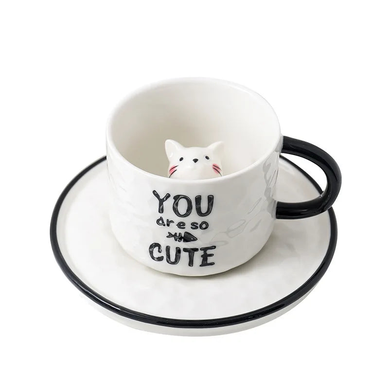 Creative Cartoon Relief Ceramic Cup Animal Inside Mug Kitty Cat Coffee Cup Milk Coffee Mug with Tray