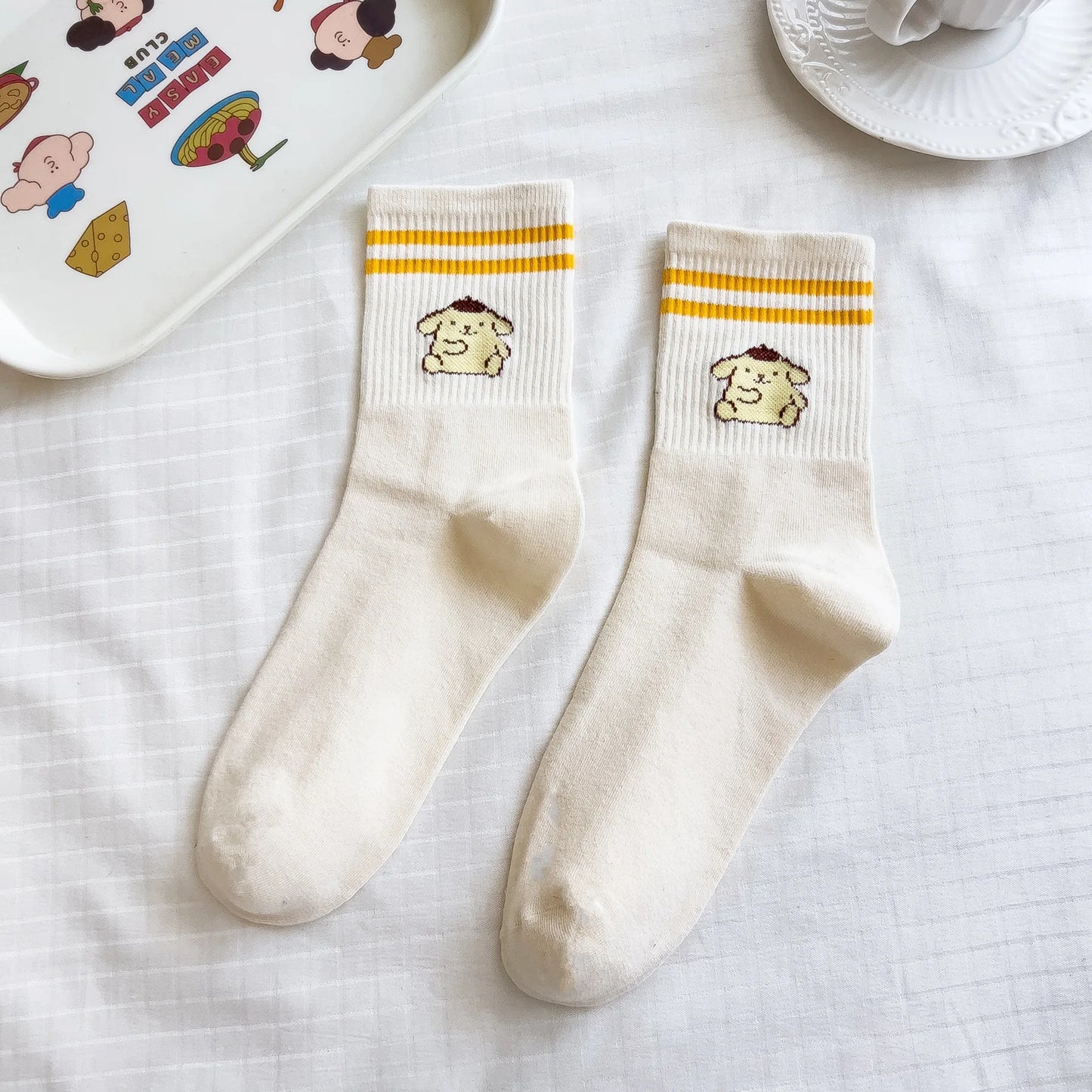 Sanrio Mymelody Cinnamoroll Pom Pom Purin Mid Length Socks Ins Breathable Minimal Design Leisure Sports Socks Girls Gifts Lovely