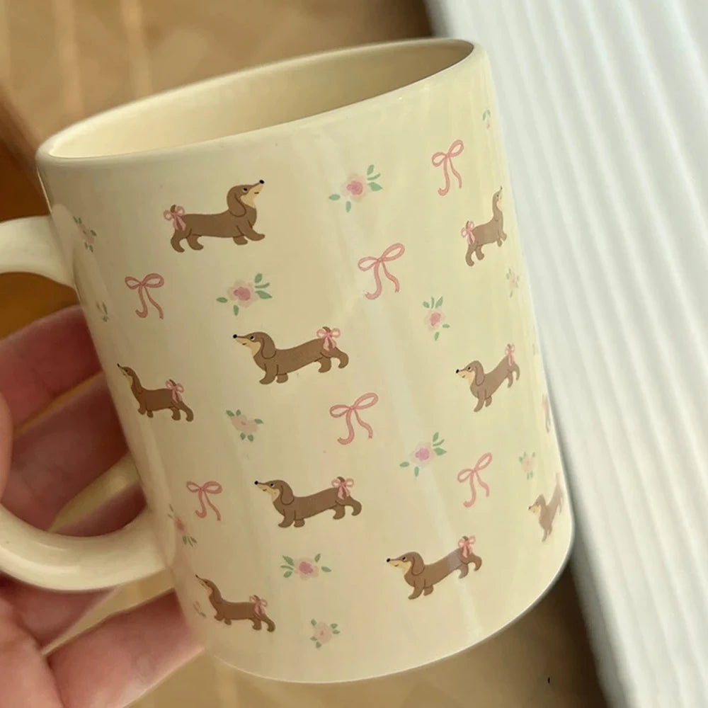 340ml Korean Style Cute Dachshund Pattern Ceramic Mug With Handle Coffee Cup Oatmeal Breakfast Mug Kitchen Drinkware