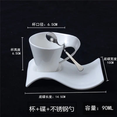 European Wave Porcelain Coffee Cup and Saucer Set White Ceramic Coffee Cup Breakfast Cup with Saucer Modern Home Decoration