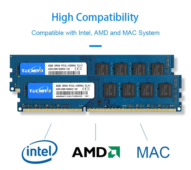 TECMIYO 4GB 8GB Desktop Memoria Ram DDR3 DDR3L 1600MHz 1333MHz PC3-12800U PC3-10600 DIMM 1.5V 1.35V 2RX8 Non-ECC Memory - Blue