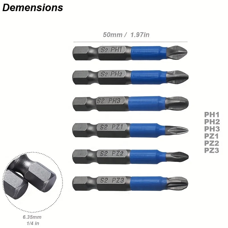 Magnetic Screwdriver Bit Set PH1 PH2 PH3 PZ1 PZ2 PZ3 Anti-skid 1/4 Hexagonal Shank Suitable for hand drill tools Accessories Par