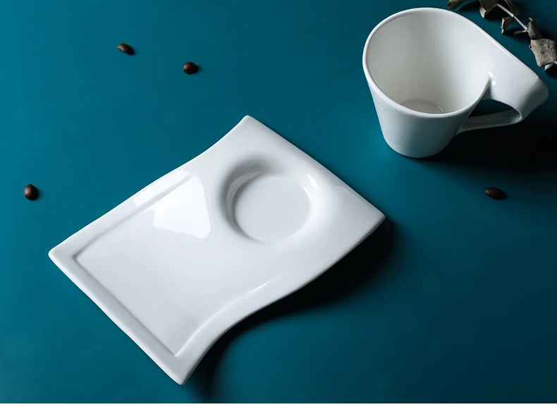 European Wave Porcelain Coffee Cup and Saucer Set White Ceramic Coffee Cup Breakfast Cup with Saucer Modern Home Decoration