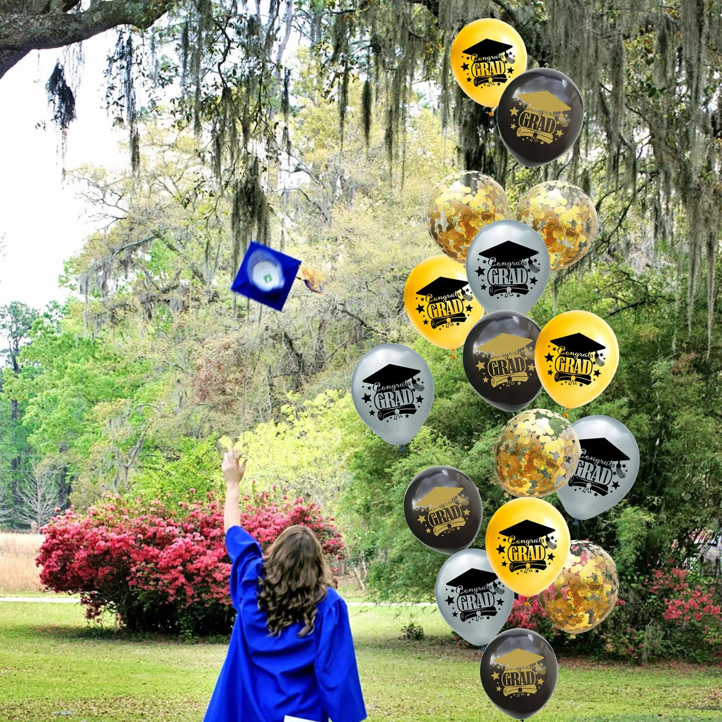 10pcs Congratulation Balloons Gold Black Latex Balloon with Confetti Graduation Party Decoration Supplies 2024 Grad Gift