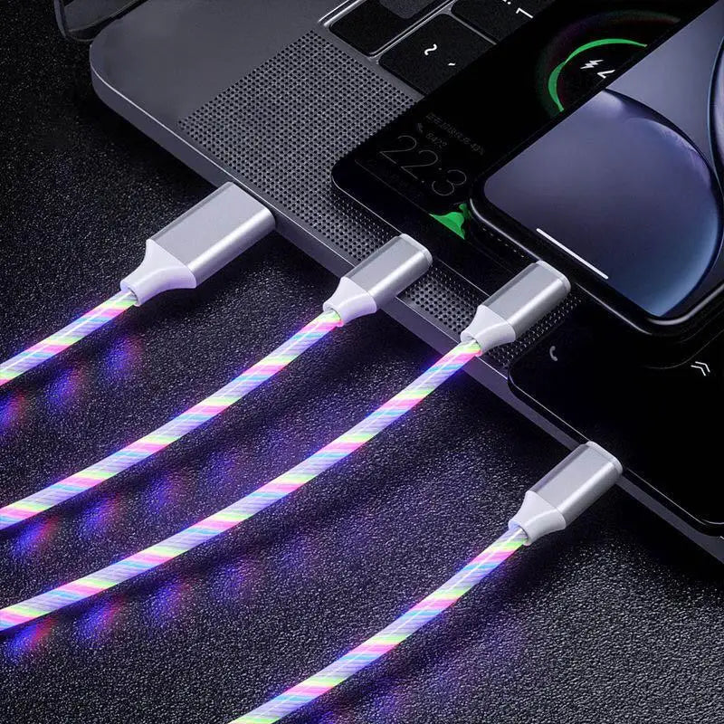 3IN1 Metal Streamer Cable Is Suitable for Apple Android Type C Mobile Phone One Split Three Fast Charging Luminous