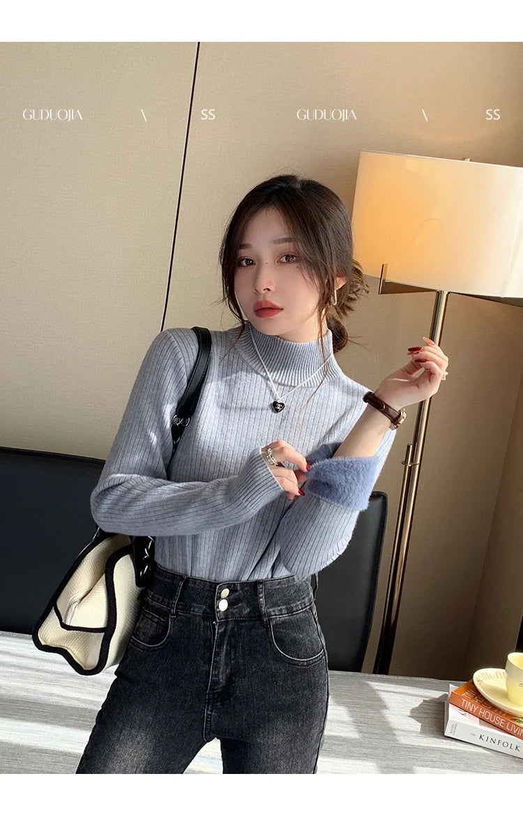 Women's Turtleneck Sweater Winter 2025 Retro Red with Velvet Lining Thickened Inner Wear Thermal Knitting Bottoming Shirt