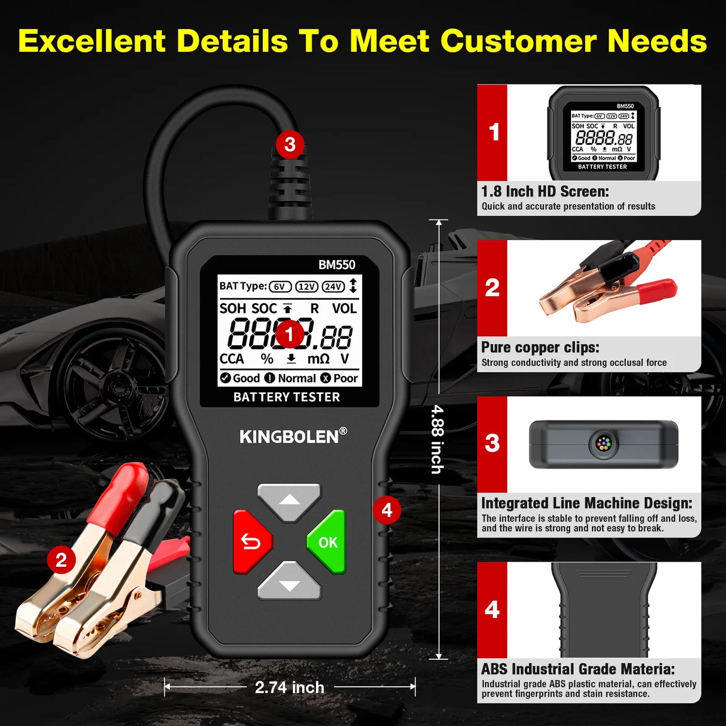 Car Battery Tester 100-2000 CCA Car Battery Tool 6V 12V 24V Car Battery Tester Car Battery Analyzer BM550 Battery Testing Tool