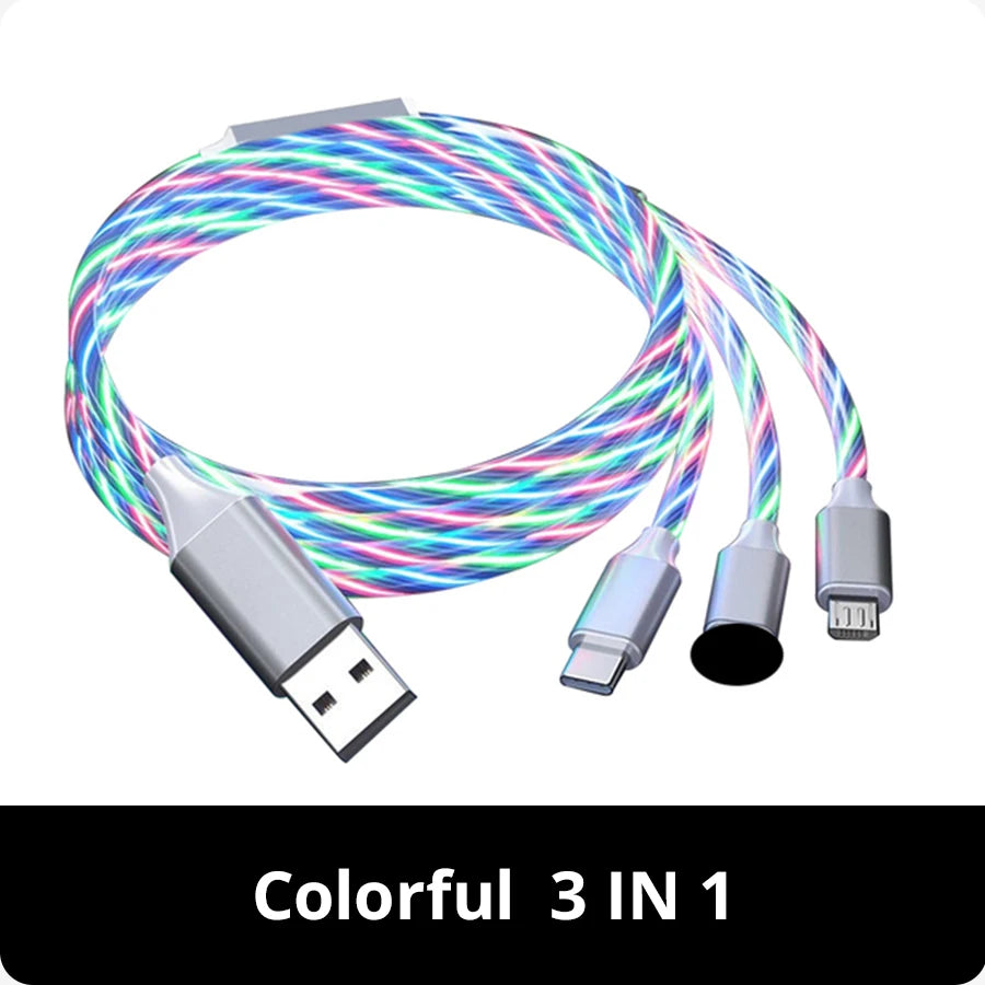 3IN1 Metal Streamer Cable Is Suitable for Apple Android Type C Mobile Phone One Split Three Fast Charging Luminous