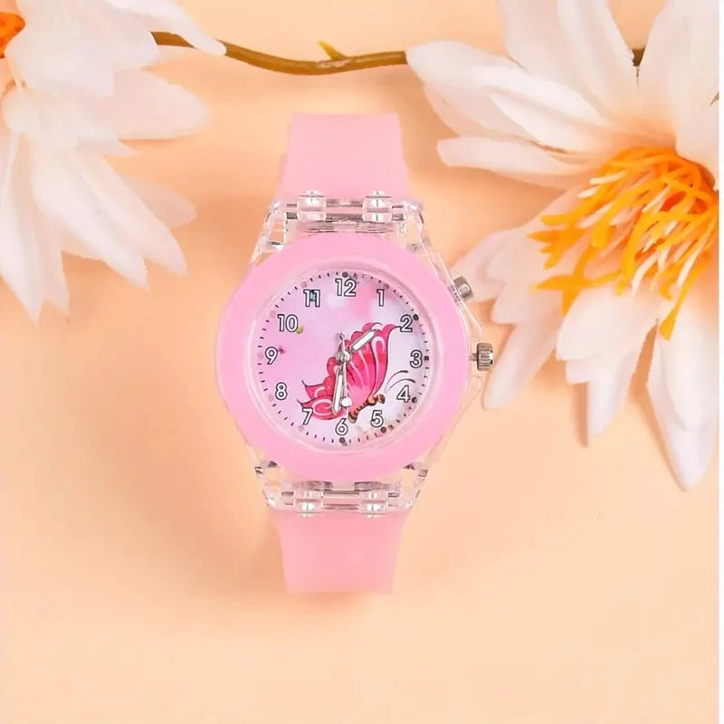 Fashion Butterfly Silicone Luminous Watch + Butterfly Beaded Bracelet