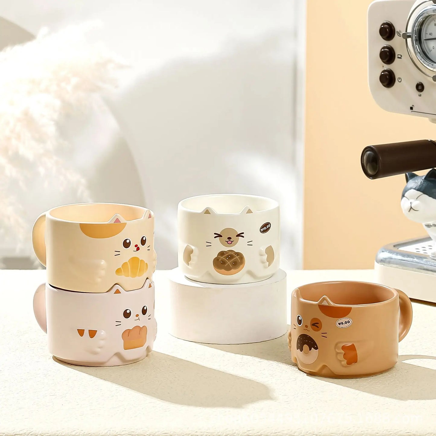 Creative Ceramic Cat Mug Cartoon Stacked Pair Cup High Temperature Resistant Household Children's Drinking Coffee Cup