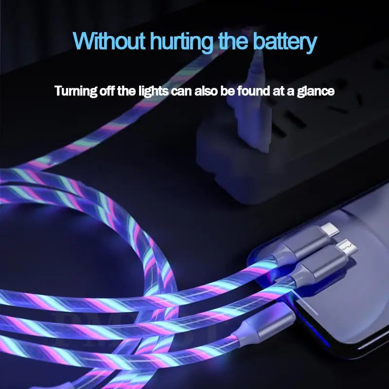 3IN1 Metal Streamer Cable Is Suitable for Apple Android Type C Mobile Phone One Split Three Fast Charging Luminous