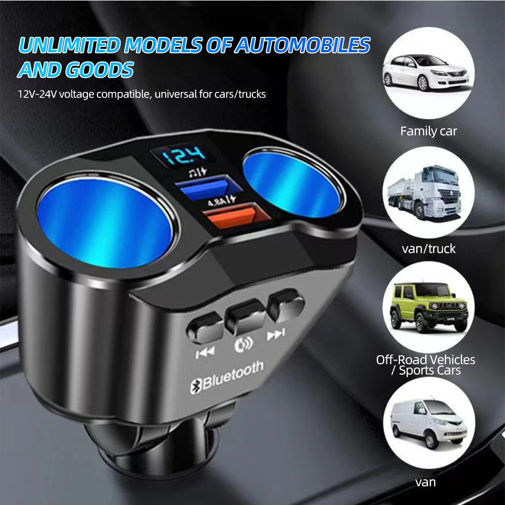 Car Cigarette Lighter Splitter Charger Dual USB QC 3.0 Quick Charge 12V Auto FM Transmitters Bluetooth Hands-free Call Sockets