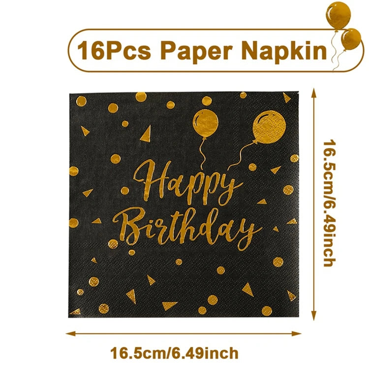 Happy Birthday Black Gold Disposable Tableware Birthday Party Decoration Adult Birthday Anniversary Supplies Paper Plate Napkins