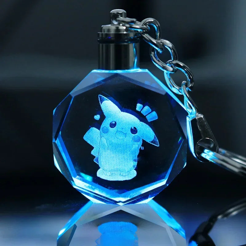 Pokemon Pikachu 3D Luminous Keychain Charizard Mewtwo Figures Toy Crystal Doll Night Light Metal Pendant Kid Birthday Gift