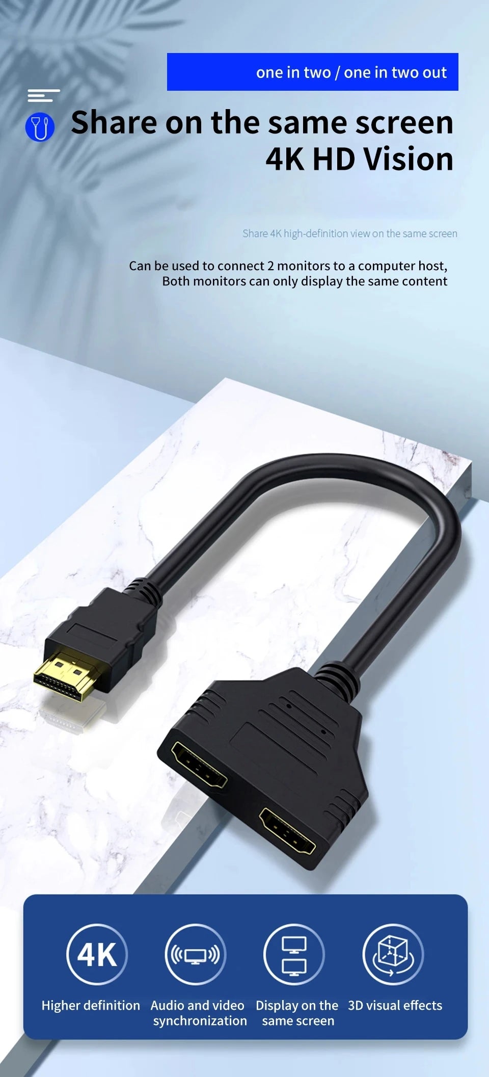1 In 2 Out HDMI-compatible Splitter Cable 1080P 2 Dual Port Hdmi-Compatible Cable Y Splitter Adapter for Laptop Monitor TV Box