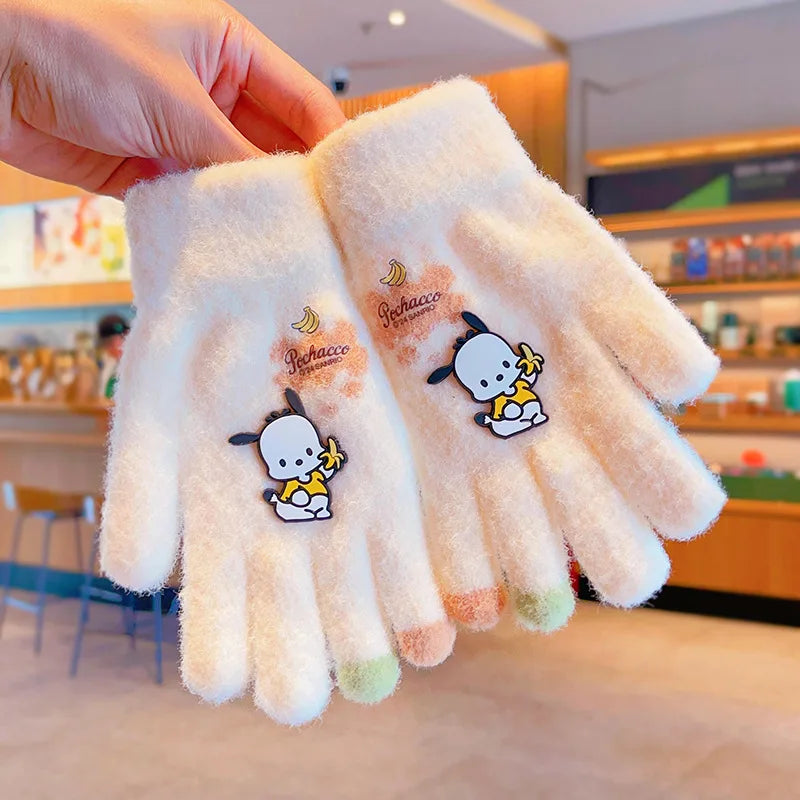 Sanrio Gloves Kawaii My Melody Kuromi Cold-Proof Winter Finger Gloves Plush Screen Touch Warm Children Toddler Christmas Gifts