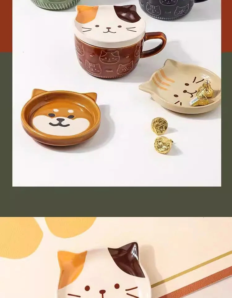 Japanese Sle Cerc Couple Mugs with Lid Dog And  Design Breakfast Cups Hand-Painted Animal Patterns 350ml Capaci
