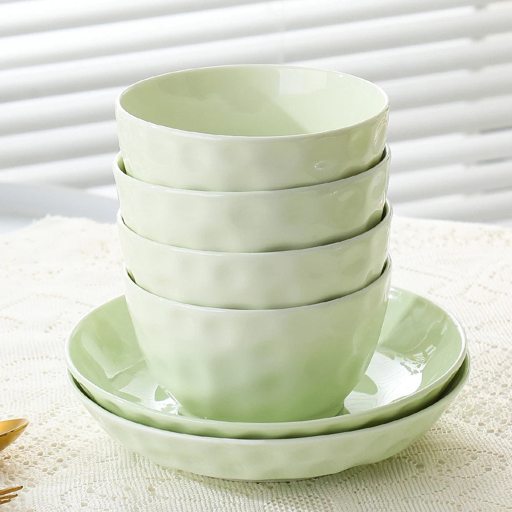 Household Solid Ceramic Rice Bowls 4.5 inch New Soup Tableware Cream Style Green Creative Underglaze Colour Instant Noodles Bowl