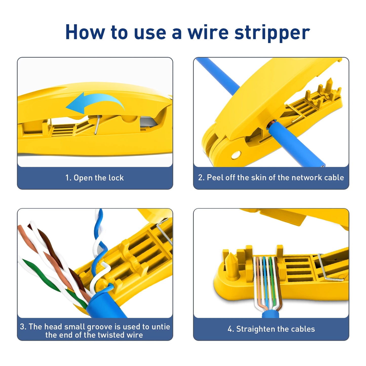 ZoeRax 4-in-1 RJ45 network cable tool with cutting, stripping, untangling, and straightening functions applies to STP/UTP cable.