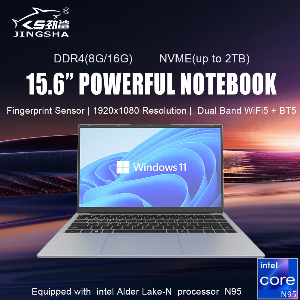 JINGSHA Laptop 15.6 Inch CPU Intel N95 8GB 16GB DDR4 RAM SSD 512GB 1TB BT5 WiFi5 IPS Lightweight Business Computer Notebook