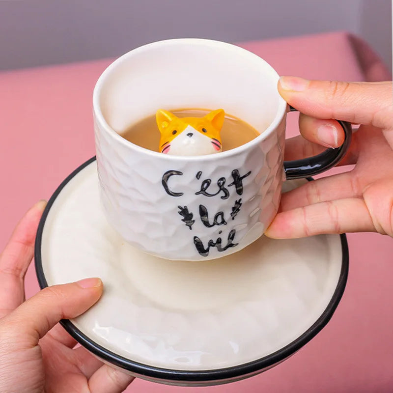 Creative Cartoon Relief Ceramic Cup Animal Inside Mug Kitty Cat Coffee Cup Milk Coffee Mug with Tray