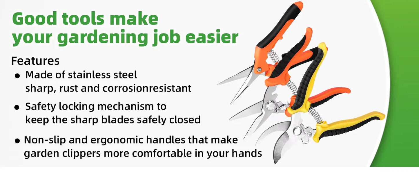 3PCS Garden Scissors Set Gardening Tool Scissors Stainless Steel Professional Gardening Scissors with Non-slip Ergonomic Handles