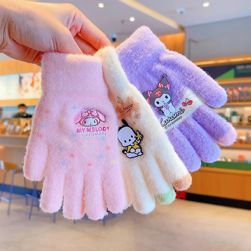 Sanrio Gloves Kawaii My Melody Kuromi Cold-Proof Winter Finger Gloves Plush Screen Touch Warm Children Toddler Christmas Gifts