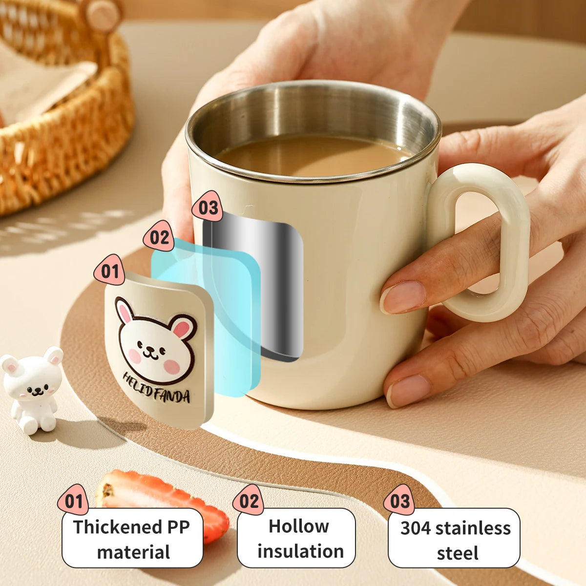 WORTHBUY New 304 Stainless Steel Water Cup Mug With Handle Cute Double Wall Milk Coffee Cup Anti Scalding Drinking Cup For Kids