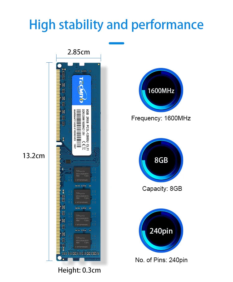 TECMIYO 4GB 8GB Desktop Memoria Ram DDR3 DDR3L 1600MHz 1333MHz PC3-12800U PC3-10600 DIMM 1.5V 1.35V 2RX8 Non-ECC Memory - Blue
