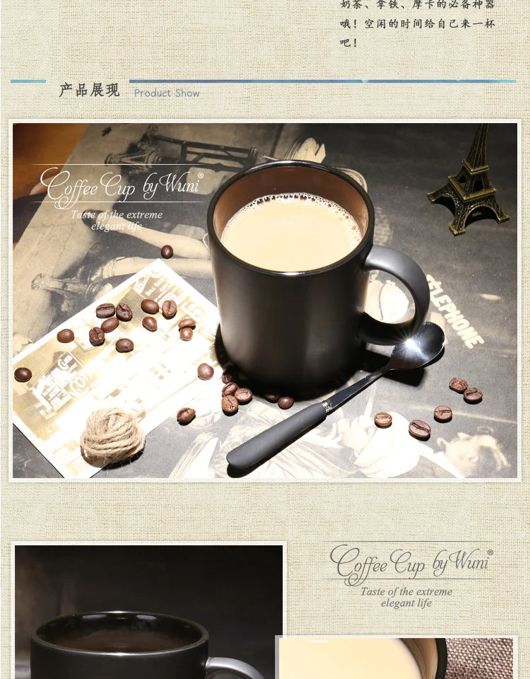 400/420/450/520ml European Ceramic Black Matte Large Capacity Mug High End Creative Simple Matte Coffee Cup with Spoon Water Cup