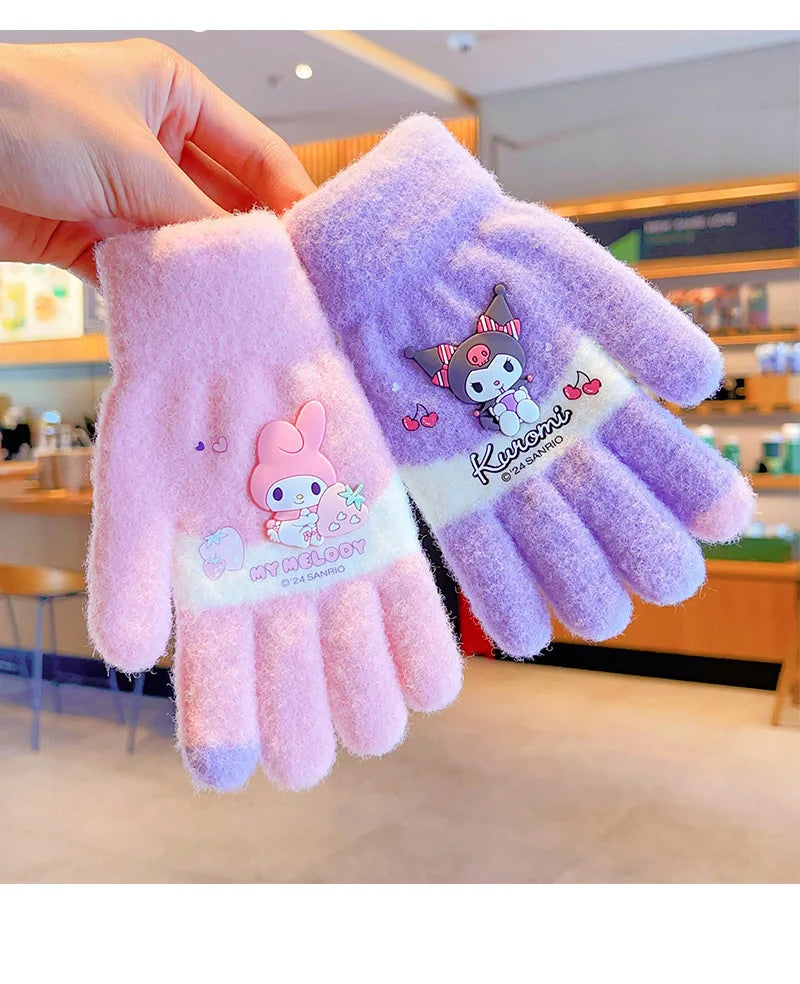 Sanrio Gloves Kawaii My Melody Kuromi Cold-Proof Winter Finger Gloves Plush Screen Touch Warm Children Toddler Christmas Gifts