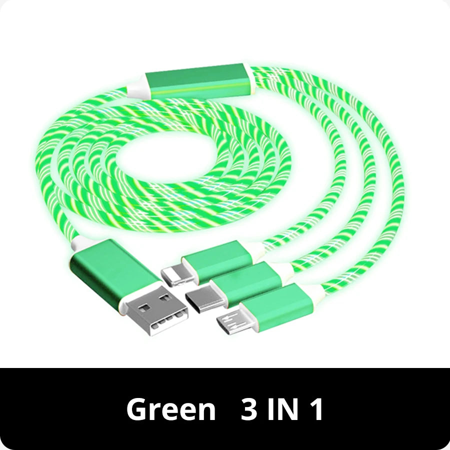 3IN1 Metal Streamer Cable Is Suitable for Apple Android Type C Mobile Phone One Split Three Fast Charging Luminous
