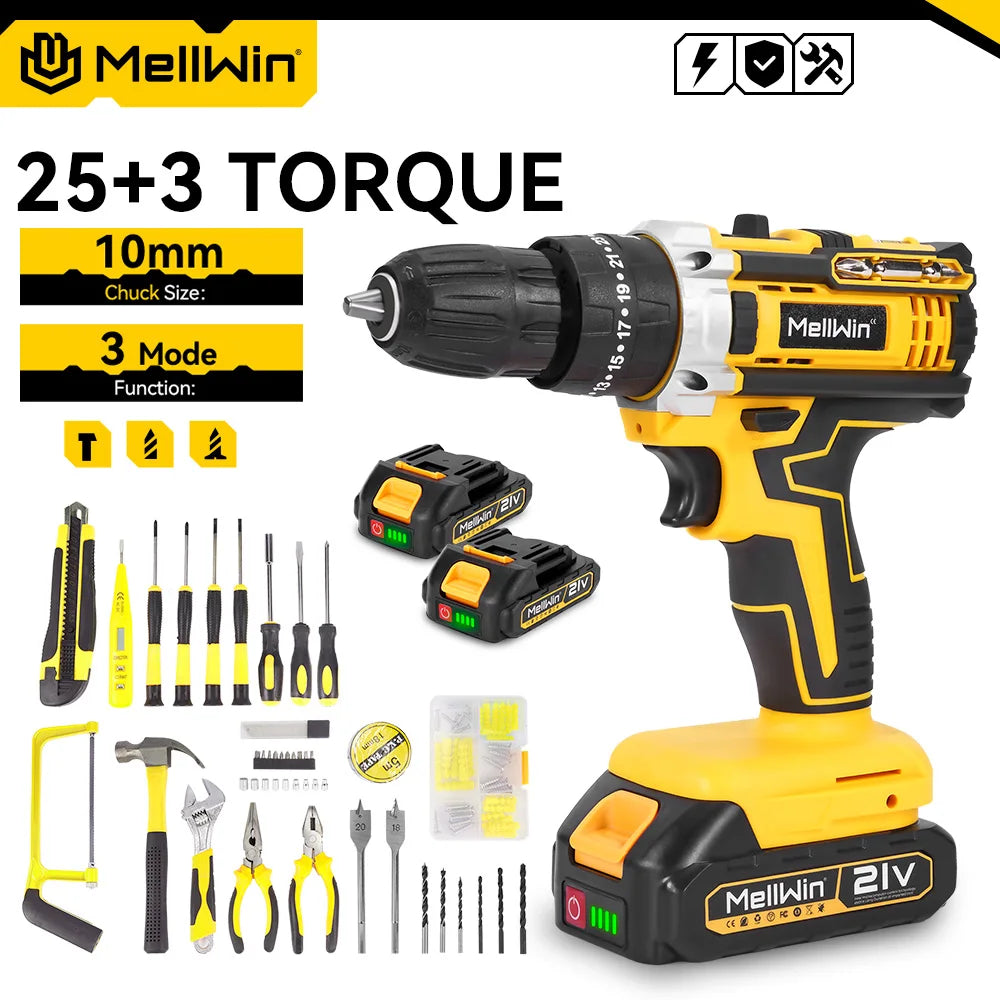 MELLWIN 25+3 Torque Electric Impact Drill 2 Speed Adjustable Cordless Electric Screwdriver Power Tool For Makita 18V Battery Pin