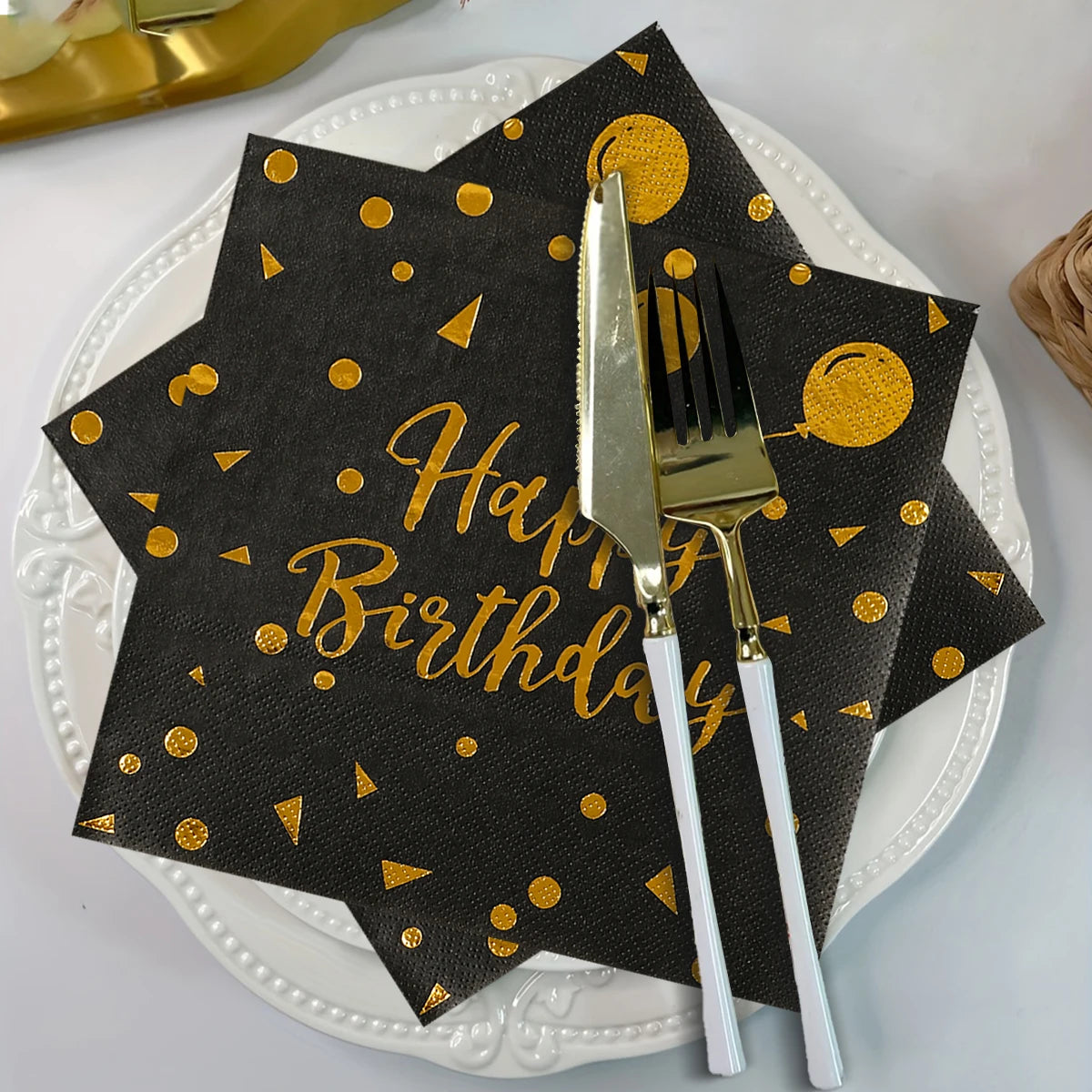 Happy Birthday Black Gold Disposable Tableware Birthday Party Decoration Adult Birthday Anniversary Supplies Paper Plate Napkins