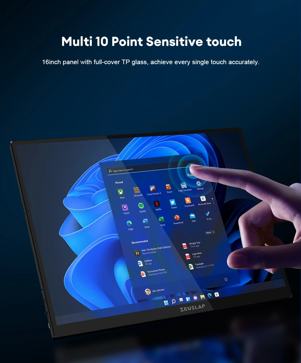 ZEUSLAP 16" 2.5K 144hz Touch Screen Portable Monitor 2560*1600 100%sRGB 500Cd/m² Travel Display for Laptop Computer
