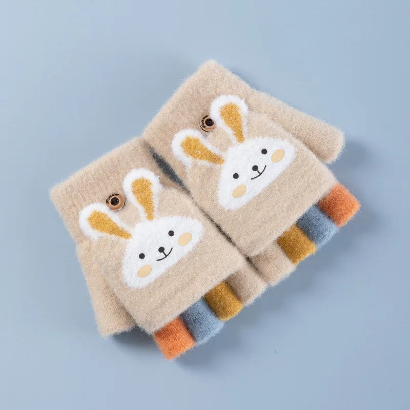 4-11 year old cartoon bunny five finger children's gloves winter thick half finger flip knitted gloves winter new warm gloves